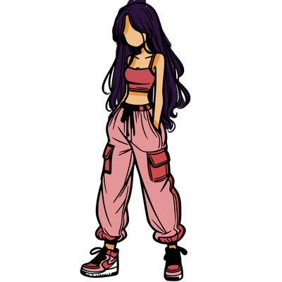 girl in baggy pants crop top and long hair