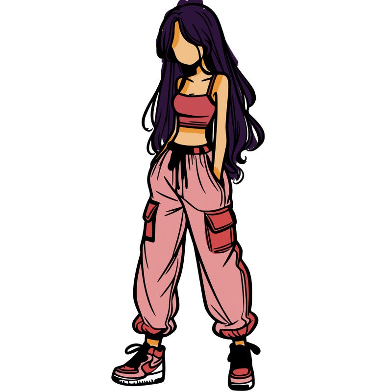 girl in baggy pants crop top and long hair