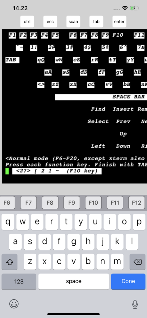 Mocha Telnet mobile app interface showing a VT220 terminal screen with a custom functional keyboard