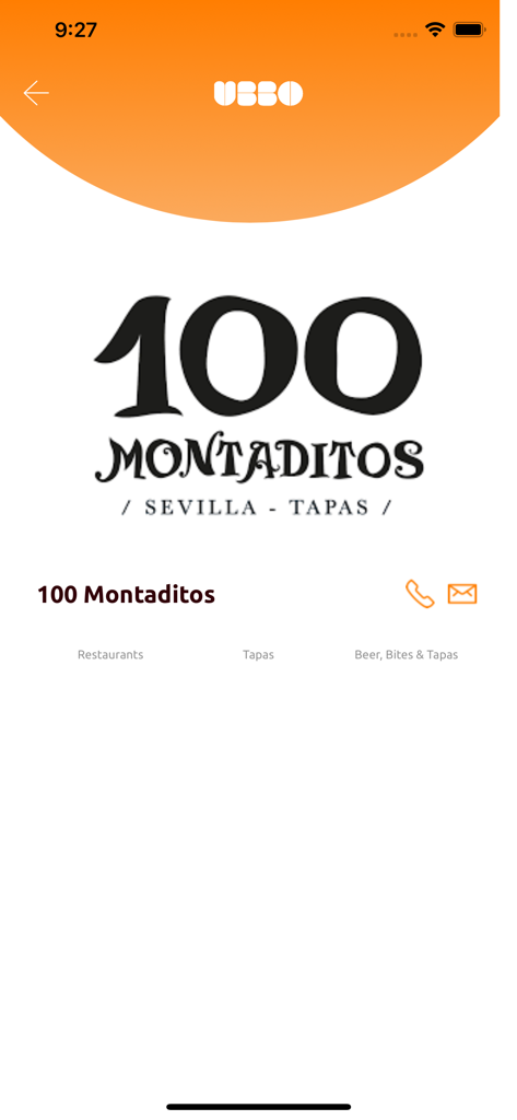 Ubbo - Ubbo app screenshot showing the restaurant profile for 100 Montaditos with contact information and categories