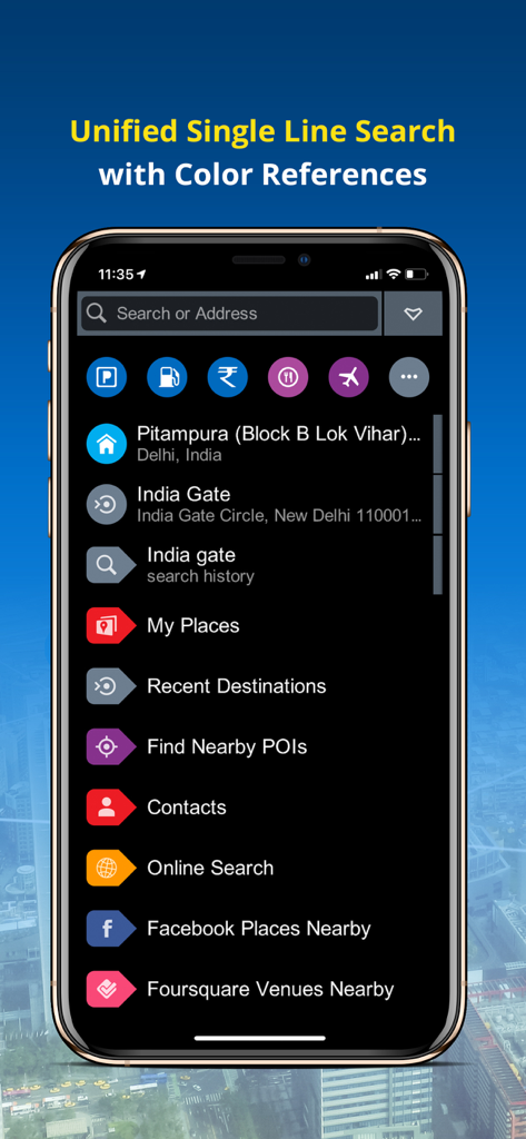 NaviMaps app interface showing unified search with color coded categories for destinations in India
