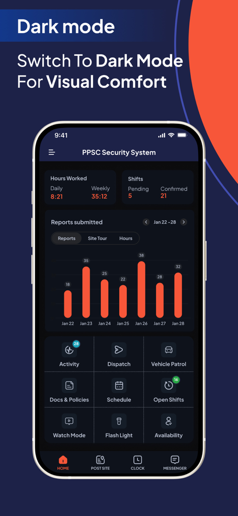 GuardsPro Security Guard App - GuardsPro Security Guard App dashboard in dark mode showing work hours reports and operational tools for security professionals
