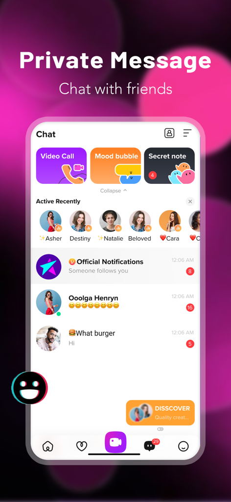 LiveMe app interface showing private messages active users and chat options like video calls and mood bubbles
