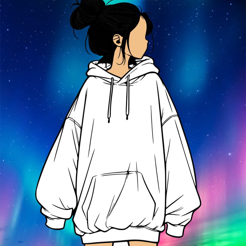 realistic girl with a oversized sweatshirt on and a bun