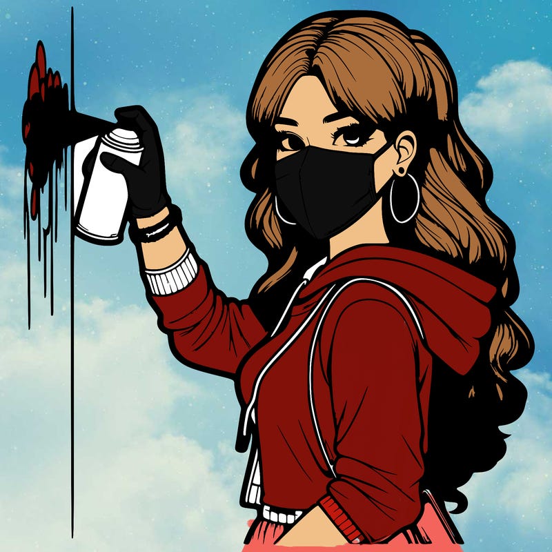 realistic girl with mask spray painting a wall