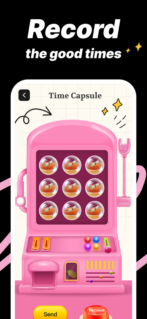 A pink retro-style digital capsule machine in the Capal app for recording and sharing sentimental memories.
