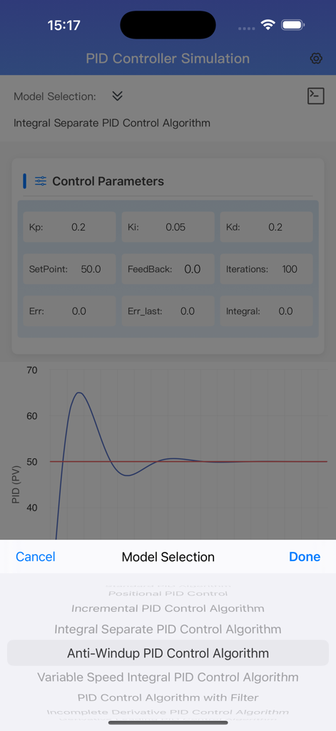 PID Controller Simulation - PID Controller Simulation app interface showing control parameters, response graph, and algorithm selection menu.