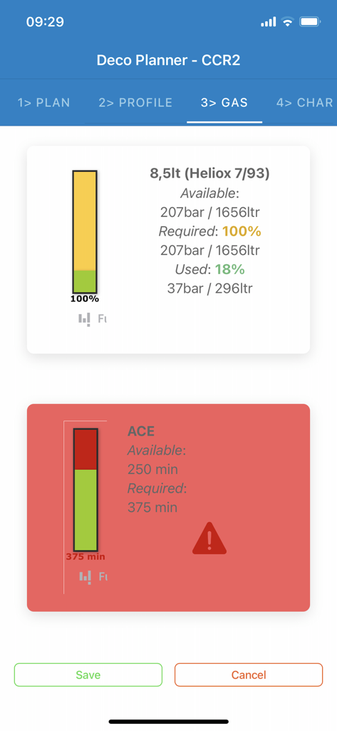 DecoPlanner mobile - Écran de calcul de la consommation de gaz pour la plongée technique dans DecoPlanner mobile avec alertes de sécurité et niveaux de gaz Heliox