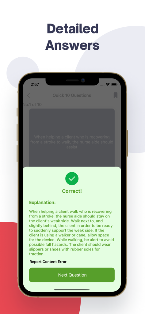 NURSING Prep 2025 - A mobile screen showing a correct answer notification and a detailed medical explanation for a nursing exam question about stroke patient care.