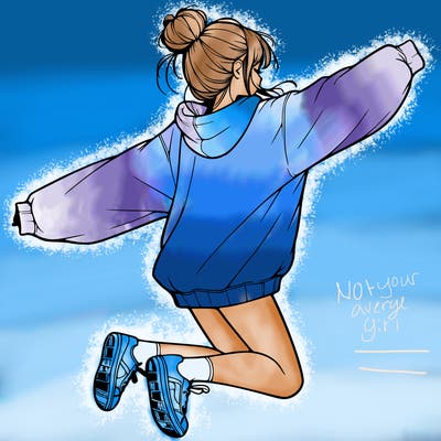 realistic girl jumping with a bun and oversized sweatshirt