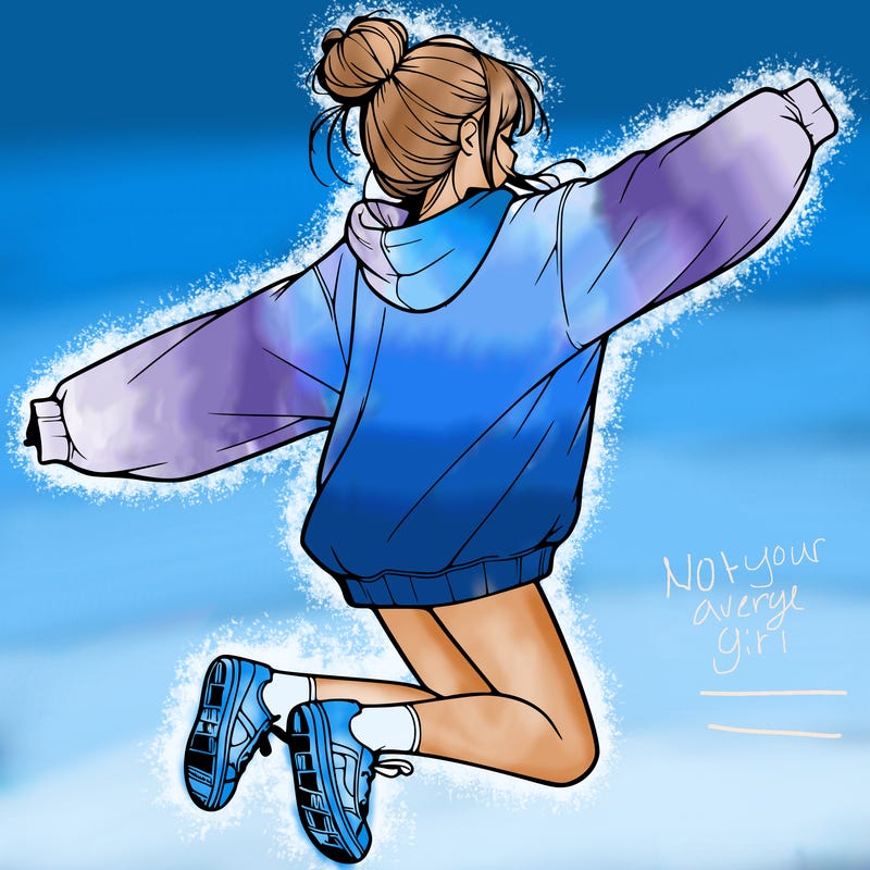 realistic girl jumping with a bun and oversized sweatshirt