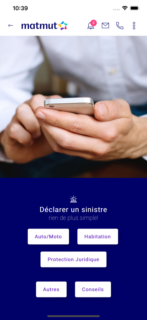 Ecrã da aplicação Ma Matmut para comunicar um sinistro de seguro automóvel ou habitação