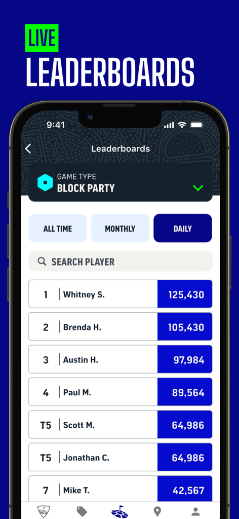 Topgolf-App Live-Ranglisten mit täglichen Spieler-Rankings und Ergebnissen für das Block Party-Spiel.