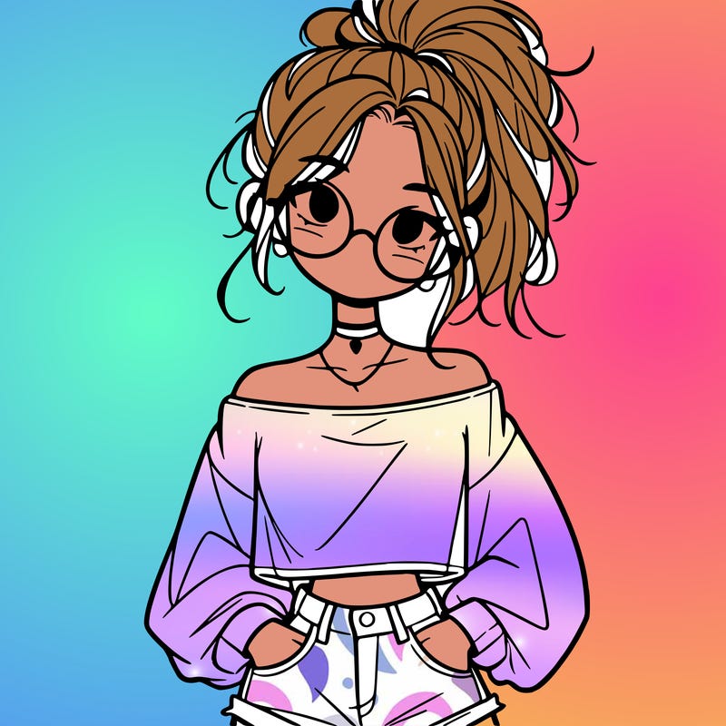 girl with a messy ponytail glasses a baggy crop top and jean shorts