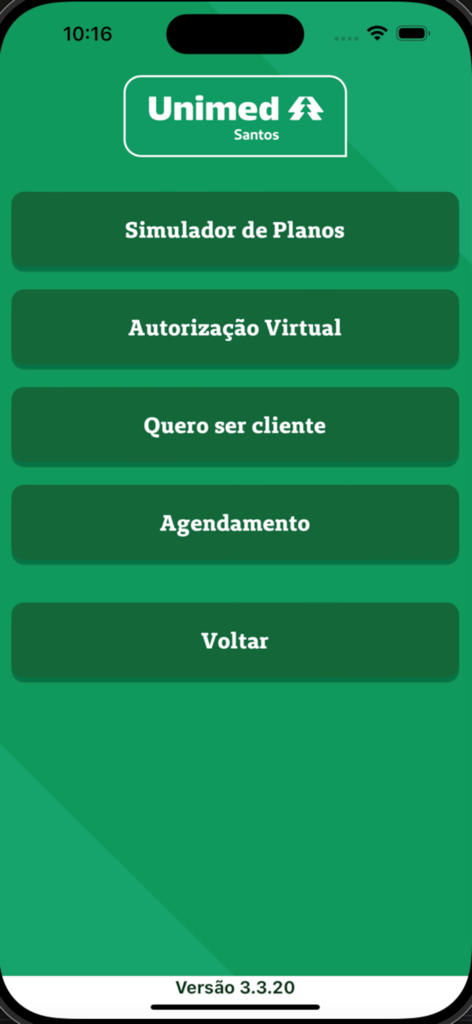 Unimed Santos - Menú principal de la aplicación móvil Unimed Santos con opciones para simulación de plan, autorización virtual y programación de citas
