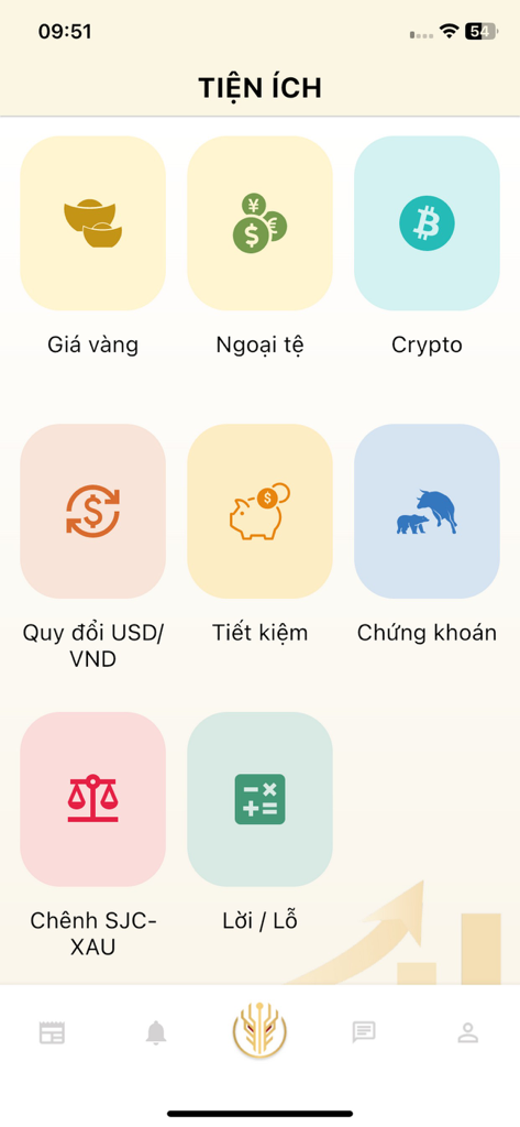 A dashboard of a Vietnamese investment app showing icons for gold price currency exchange and stock market tracking