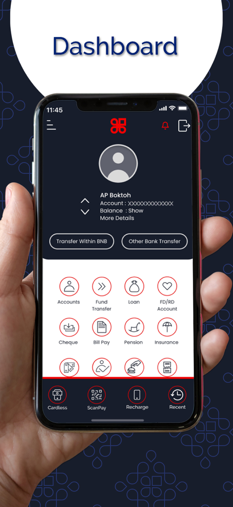 Panel de control de la aplicación de banca móvil BNB MPay que muestra servicios de cuenta y opciones de transferencia de fondos.