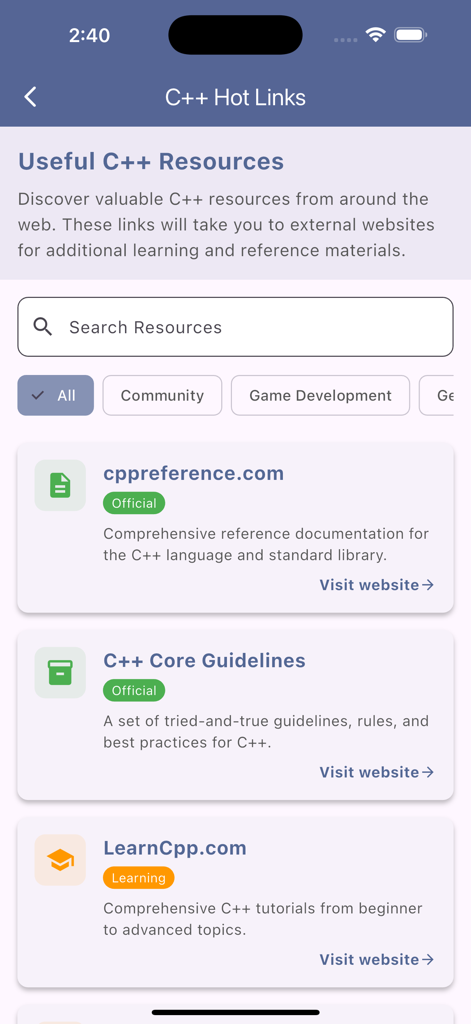 C++ Flashcards and Dictionary - Eine Liste nützlicher C plus plus Programmierressourcen und externer Dokumentationslinks innerhalb der App
