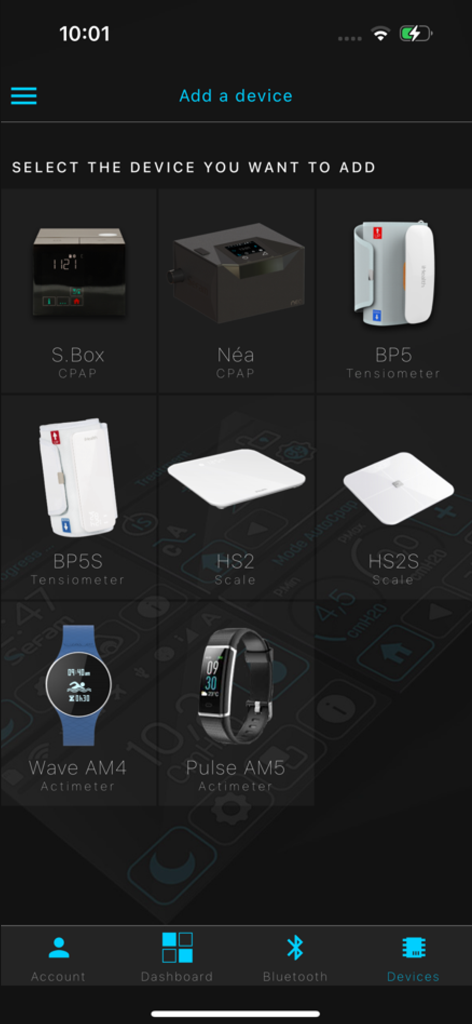 Add a device screen showing CPAP machines and health monitors