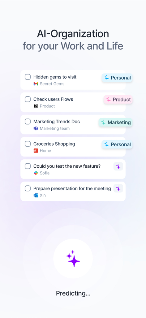 Interfaz de la aplicación Akiflow que muestra tareas organizadas por IA con integraciones para Gmail, Slack y Notion