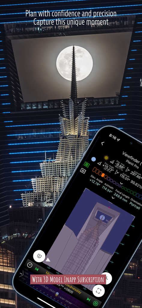 Planit Pro app displaying a technical 3D simulation of a full moon perfectly aligned within the aperture of a skyscraper building.