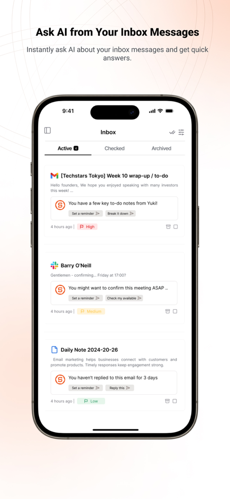 Saner.AI - Saner.AI app inbox interface showing AI generated task reminders and suggestions from various integrated apps