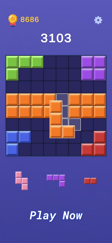 ブロッククラッシュのゲームプレイ画面、紫色の背景にカラフルな形とスコア表示のあるミニマリストブロックパズルのグリッドを表示