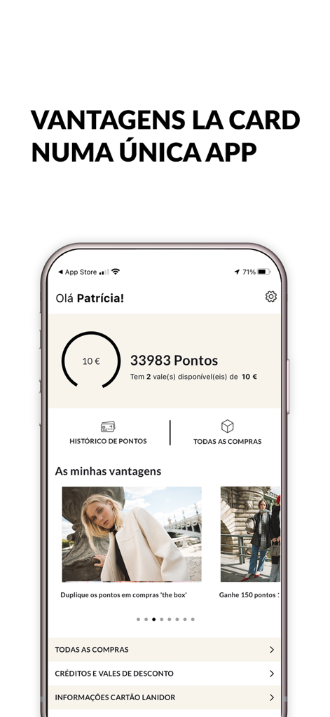 Lanidor fashion app showing loyalty points and rewards for the LA Card program