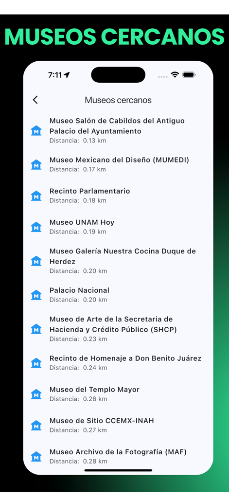 CDMX Museums - Tela do aplicativo móvel mostrando uma lista de museus próximos na Cidade do México com distâncias