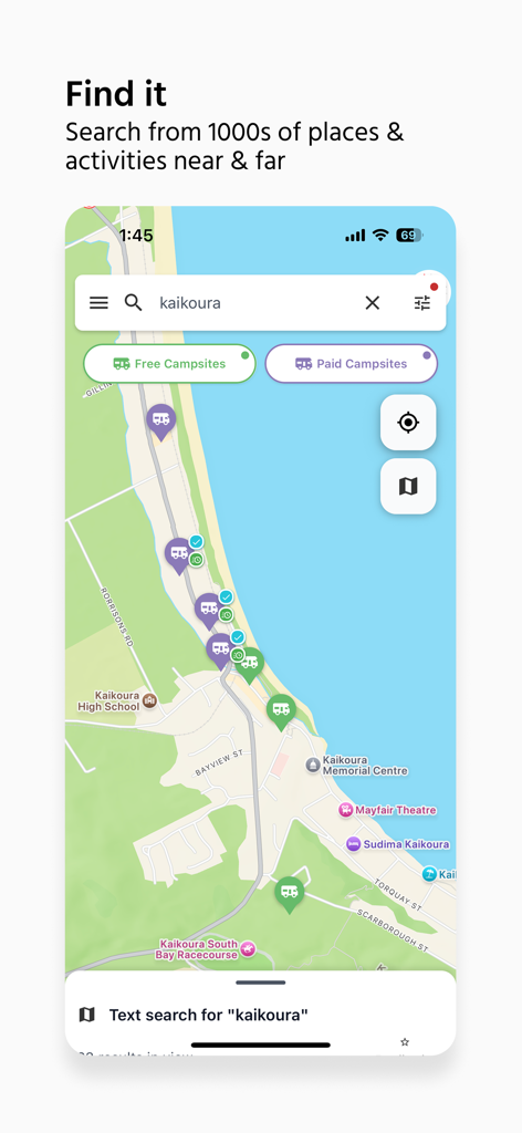 CamperMate Australia & NZ - CamperMateアプリのマップ。カイコウラでのキャンプ場の検索結果を表示しています。
