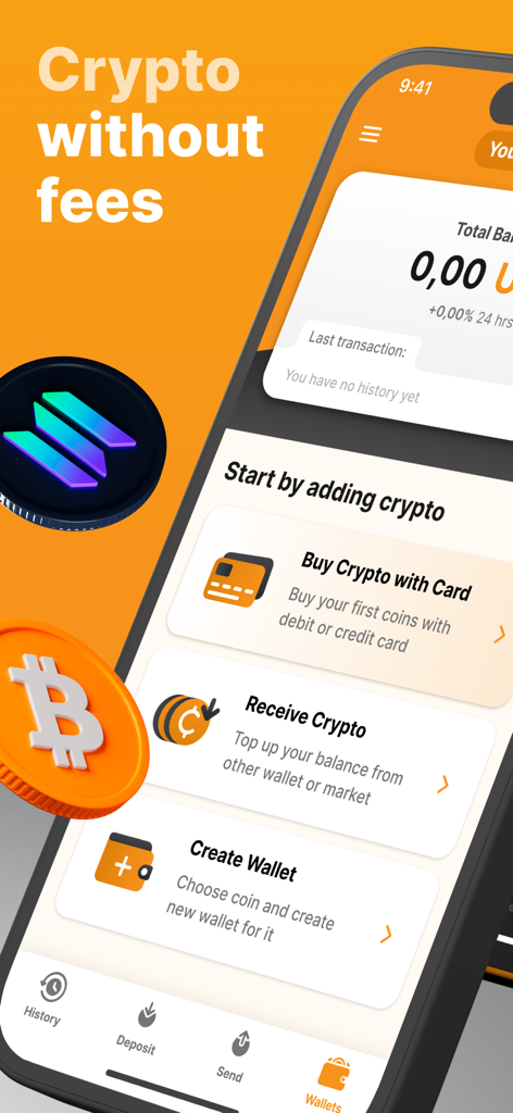 NC Wallet interface showing options to buy crypto with card and receive crypto without fees