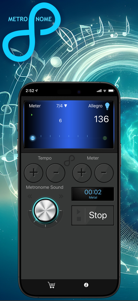 Metronome ∞ - Metronome app interface showing Allegro tempo and 7/4 meter