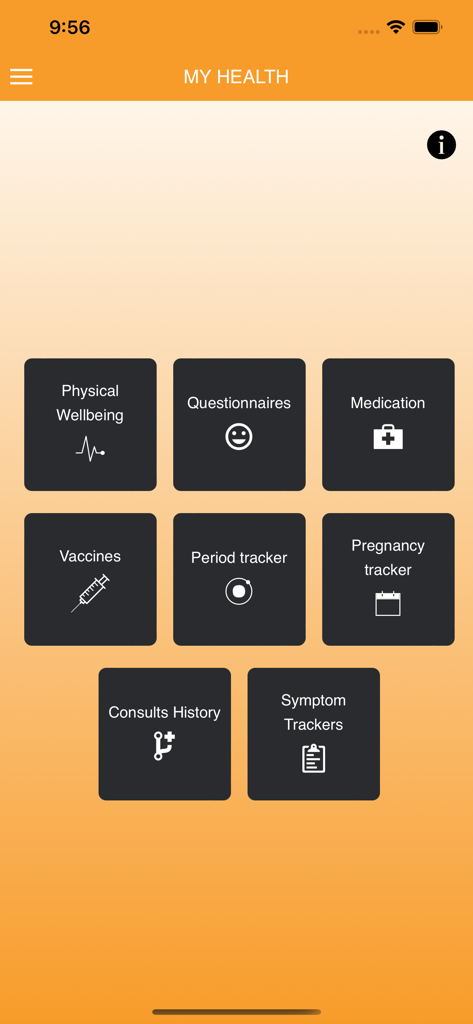 Painel do aplicativo HealthDocs mostrando categorias para medicamentos, vacinas e rastreamento de saúde.