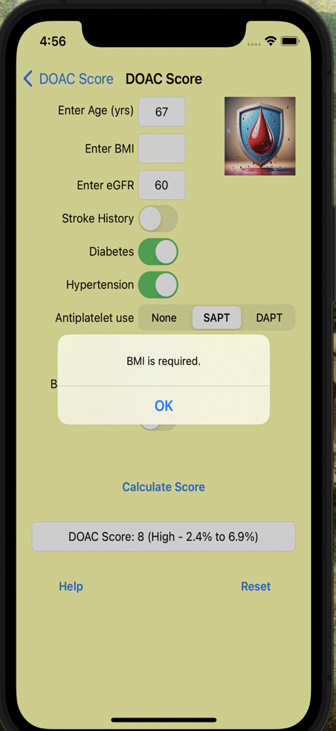 DOACScore app interface showing clinical parameters for bleeding risk assessment and a calculated risk result.