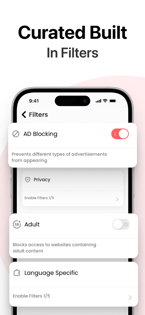 Bildschirm der Ad Blocker App, der verschiedene Filteroptionen wie Werbeblockierung und Datenschutzeinstellungen anzeigt