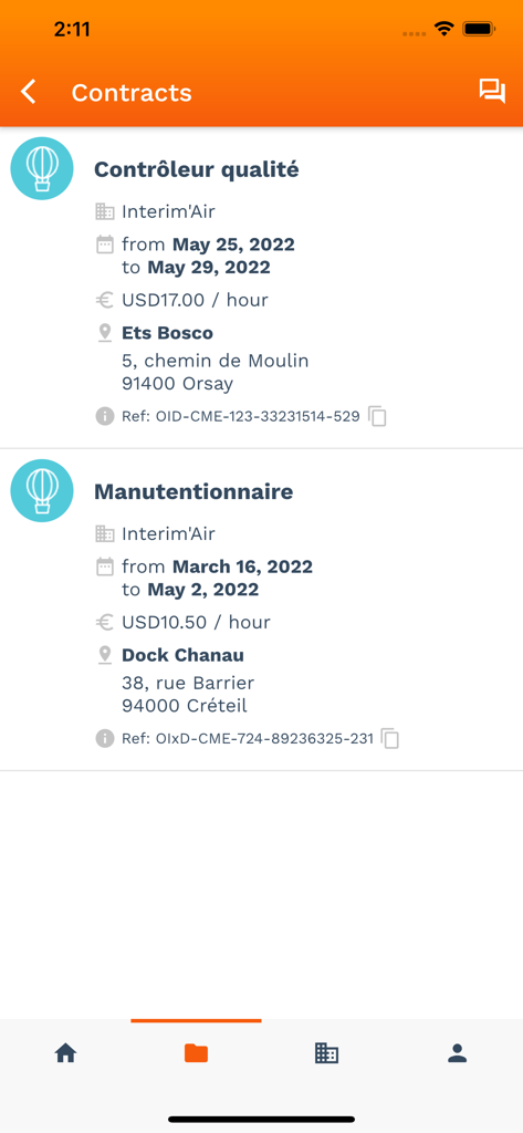 Coffreo - Coffreo mobile app displaying a list of employment contracts for flexible workers