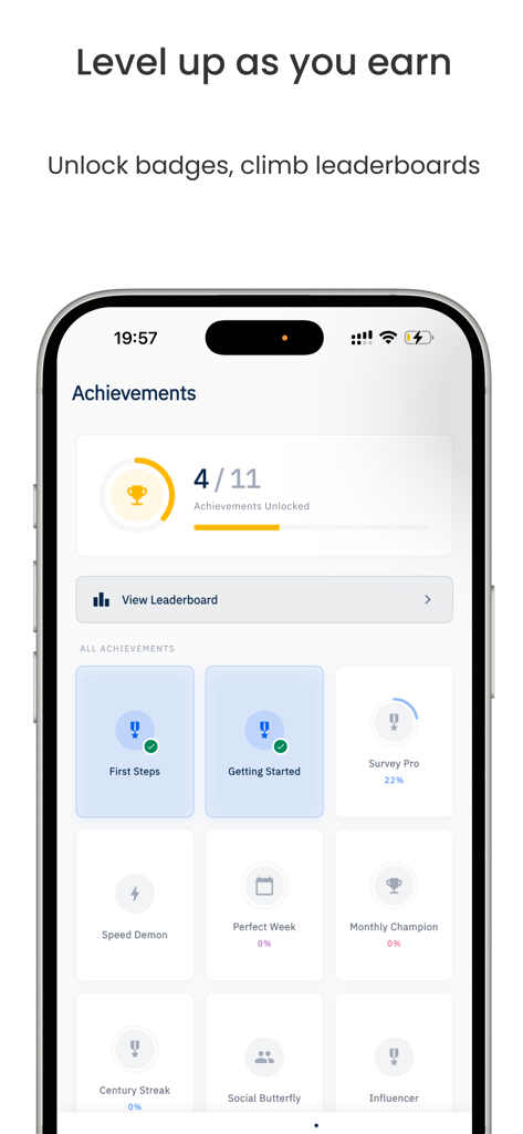 Core Intelligence - Mobile App-Bildschirm mit freigeschalteten Abzeichen und Fortschrittsanzeigen für den Abschluss von Umfragen