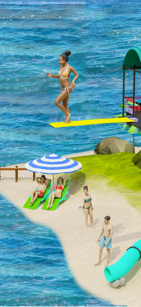 A female character on a yellow diving board overlooking a sunny beach with tourists