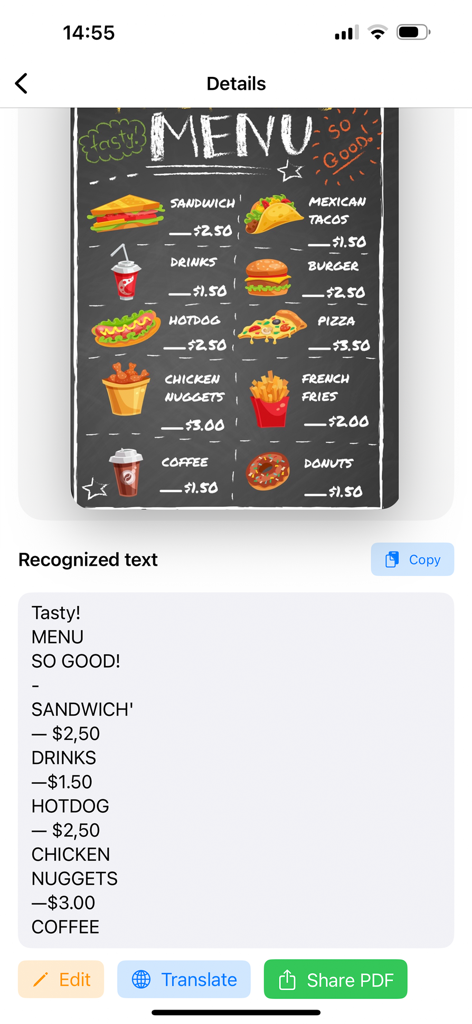 PhotoText OCR Pro - Interfaz de la aplicación que muestra la extracción de texto OCR de un menú de restaurante en una pizarra