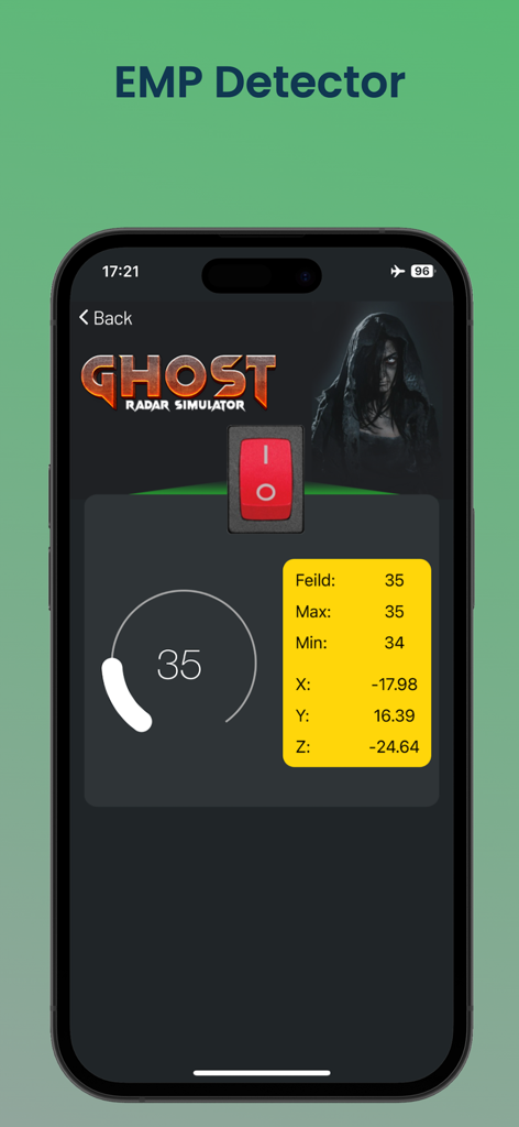 Ghost Detector - Camera Radar. - Captura de tela da tela do detector de EMP no aplicativo Ghost Detector com dados de campo em tempo real e uma figura fantasmagórica