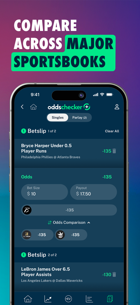 Oddschecker plus app interface comparing betting odds for player props across major sportsbooks