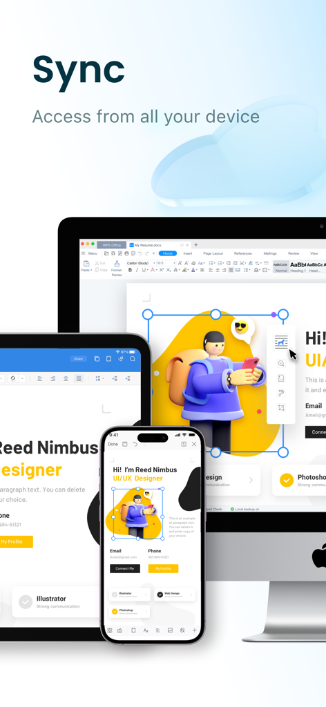 컴퓨터, 태블릿, 스마트폰 전반에 걸쳐 업데이트된 이력서 문서를 보여주는 WPS Office 클라우드 동기화