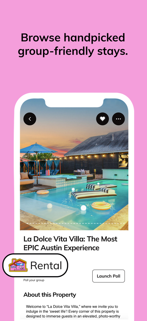Batch: Let’s Party - Una villa di lusso con piscina ad Austin visualizzata sull'interfaccia dell'app Batch per la pianificazione di viaggi di gruppo
