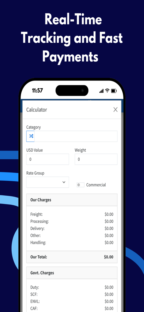 Easiparcel - Easiparcel Versandkostenrechner-Bildschirm mit Aufschlüsselung der Fracht- und Zollgebühren