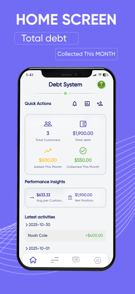 Home screen of the Debt System app showing a dashboard with total debt, customer count, and latest payment activities.