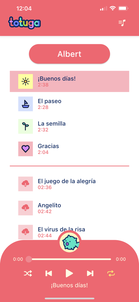 Totuga Music - Interfaz de la aplicación Totuga Music mostrando una lista de reproducción personalizada en español para un niño llamado Albert.