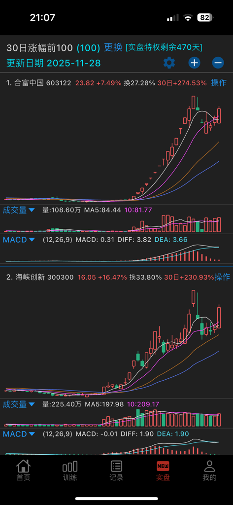 K线训练营 - 炒股技术训练工具 - Stock market training app interface showing technical analysis and candlestick charts