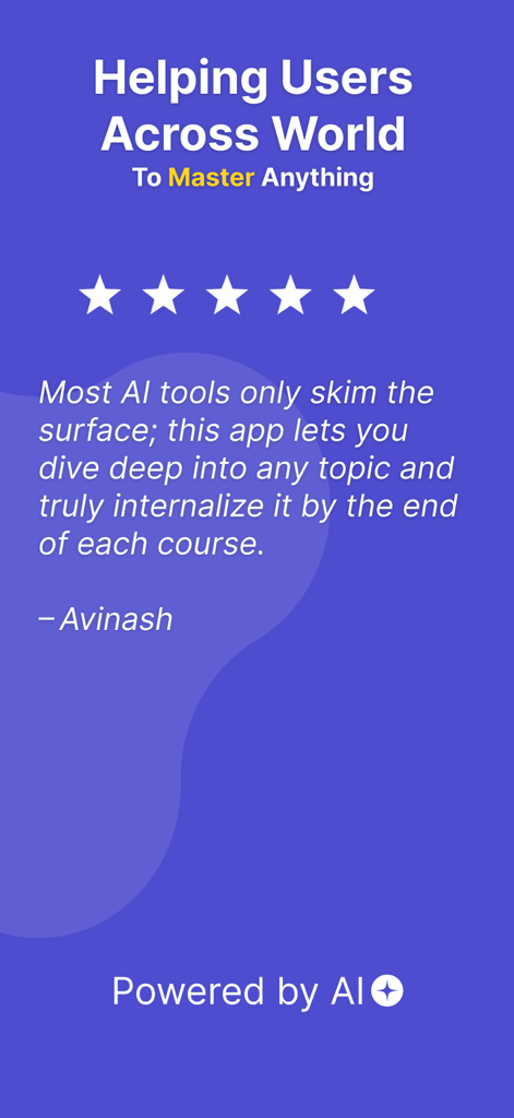 Daily Learning: Learn With AI - User testimonial for Daily Learning AI app featuring a five star rating and positive review from Avinash
