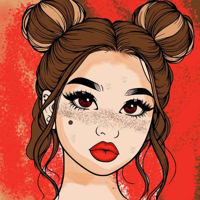 realistic girl with two buns on her hair and lips