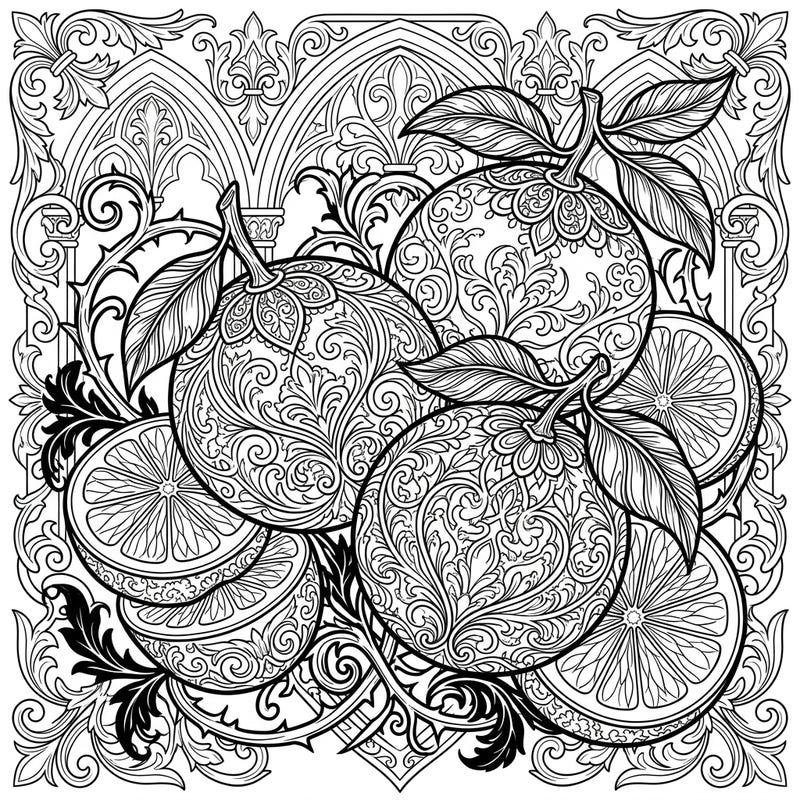 Dive into a world where citrus meets shadows with this unique Gothic Oranges coloring page designed for teens. Featuring highly detailed patterns and ornate Victorian-inspired elements, it offers a captivating creative challenge.